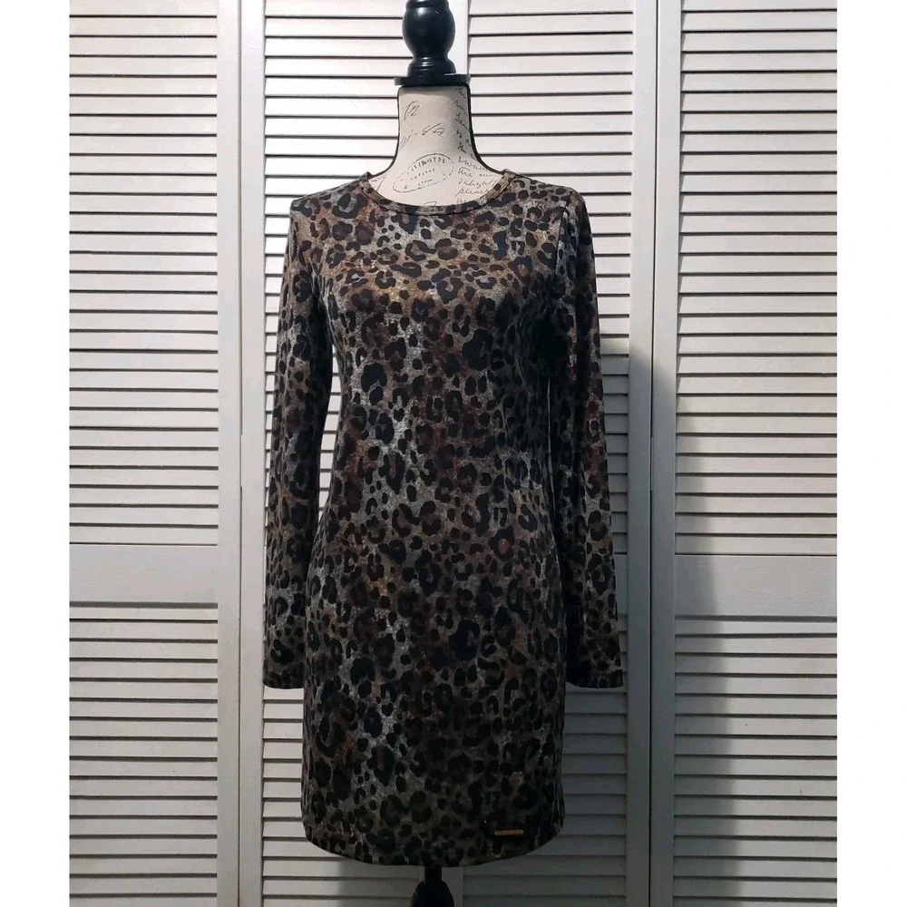 Michael Kors Leopard Animal Print Dress Womens Small Brown Gray Long Sleeve Mini